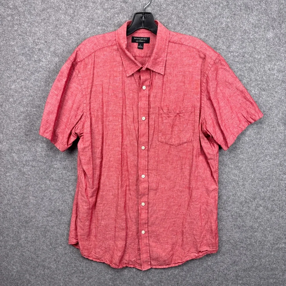 Banana Republic Mens Large Red Linen Cotton Blend Short Sleeve Button Down Shirt